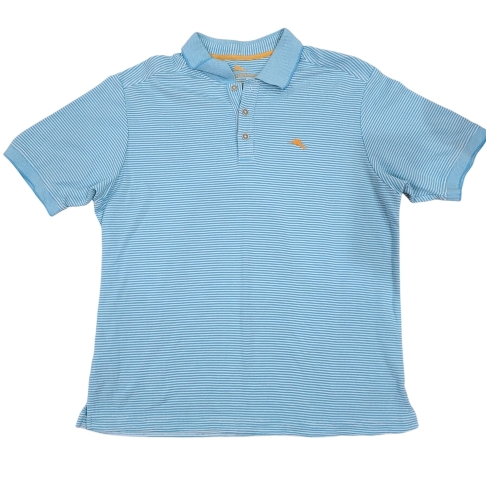 Tommy Bahama Emfielder Polo Shirt Men Size Large Blue White Stripe Marlin Logo